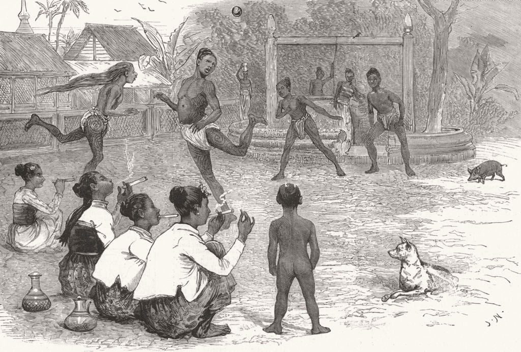 BURMA. Burmese brothers playing football Mandalay 1886 old antique print